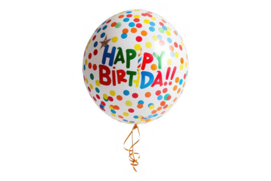 A polka dot birthday balloon on black on transparent background