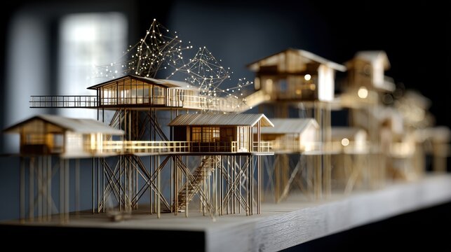 An architectural model of houses, beautifully lit to showcase its intricate design 