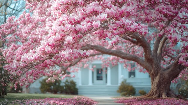 A large magnolia tree with pink blossoms dominates the garden, creating a colorful setting. The vibrant magnolia tree fills the space with beauty, inviting all to admire its grande - Powered by Adobe