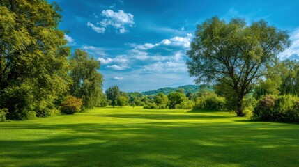 A picturesque scene of a green landscape under a bright blue sky. A beautiful scene with trees and clouds.