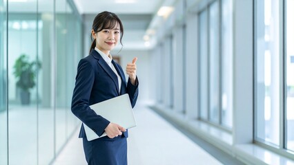 Fototapeta premium スーツを着た日本人女性セールスウーマンのポジティブなポーズ