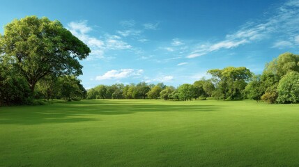 A expansive, verdant meadow beneath a clear, blue sky, creating a serene and picturesque landscape