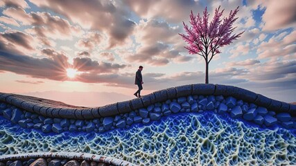 Conceptual 3D rendering of a layered earth section with surreal textures, featuring a single person standing next to a cherry blossom tree on the surface against a dramatic sunset, symbolizing hidden  - Powered by Adobe