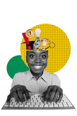 Vertical photo collage of happy american girl cut head think reward best goblet leader promotion...