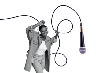 Creative  collage young cheerful girl headphones studio record music ,microphone singer talented hobby professional performance concert