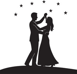 Couple dancing under stars silhouette vector