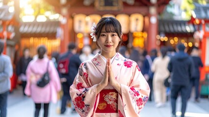 お正月の神社で丁寧に手を合わせて祈る和服の女性