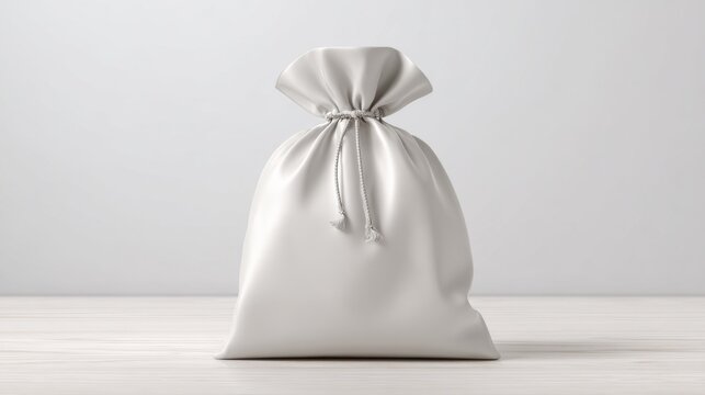 A tied-up bag, suggesting mystery, gift-giving or something valuable, on a wooden table 