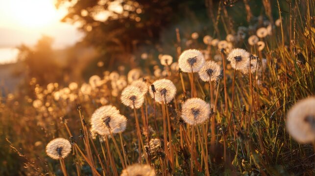 Dandelion fluff in a field basked in warm sunlight 