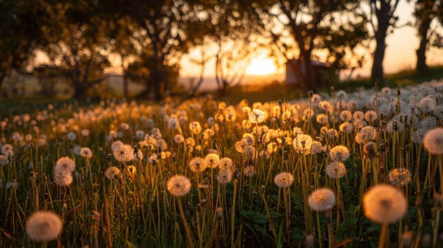 A field of dandelions glowing in the warm light of the setting sun