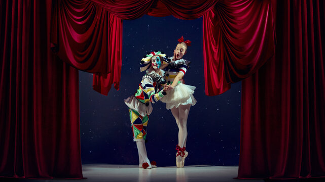 Expression in motion. Mime and ballerina posing dramatically on stage under red curtains. Concept of body language, dynamic framing, AI visual synthesis and creative composition sets.
