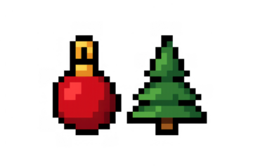 Pixel art christmas ornament and christmas tree icon. Holiday decoration for winter celebration
