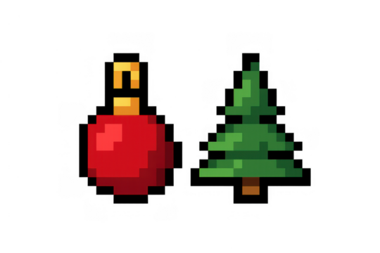 Pixel art christmas ornament and christmas tree icon. Holiday decoration for winter celebration