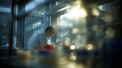 A scientist in a lab examines samples beside bright windows in the lab. The scientist is engrossed in work with laboratory instruments in the calming light.