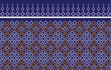 Traditional Thai geometric textile pattern inspired by local weaving art, featuring blue background with white and gold diamond motifs. Perfect for fabric design, cultural backgrounds, and Southeast A