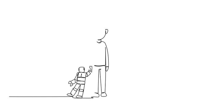 Self drawing animation of single one line drawing a boy stands and look down dejectedly holding a robot. Failed human trafficking. Trauma. Abuse. National Missing of Children Day. Full length animated - Powered by Adobe