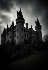 Obraz premium Under a brooding sky, a vampire castle stands ominously on Halloween night. Its tall spires and stone walls create an eerie atmosphere for any spooky celebration Generative AI