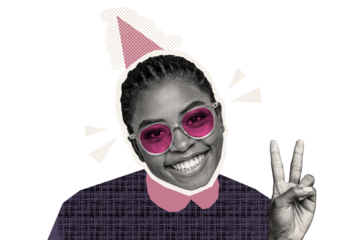 Composite photo collage of happy american birthday girl wear pink sunglass party occasion celebration isolated on painted background