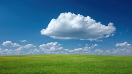 Obraz premium Vibrant clouds floating over a grassy field under a bright blue sky. A refreshing scene of nature's beauty
