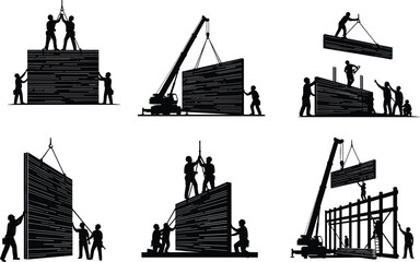 Fototapeta premium Silhouette construction workers assembling wall panels with cranes, teamwork on building site, industrial structure installation, engineering development, heavy construction process illustration