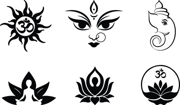 Collection of spiritual and religious symbols representing Hinduism and Buddhism traditions