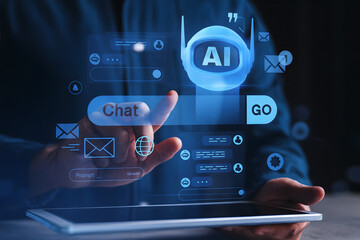 Futuristic chatbot interface with AI technology visualized on digital screen, featuring glowing blue icons, prompts, and neural communication design on dark blurred background