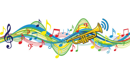 Vibrant musical design featuring a brass trumpet and colorful music notes dancing across the page, ready for your next creative project