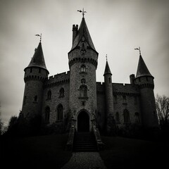 Obraz premium A dark, eerie castle stands tall with its pointed towers, surrounded by a barren landscape on Halloween night, evoking a sense of mystery and fear Generative AI