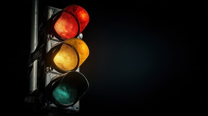 Red light illuminated on a traffic signal, yellow and green off, black background emphasizing the glow, safety concept photo
