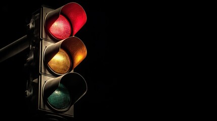 Red light illuminated on a traffic signal, yellow and green off, black background emphasizing the glow, safety concept photo