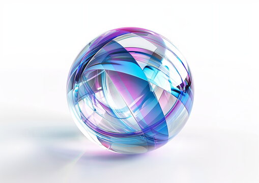 Abstract transparent glass sphere with blue and purple lines on white background, 3d rendering illustration of futuristic abstract shape with holographic element - Powered by Adobe