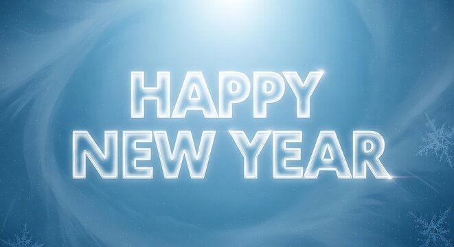 Happy new year text with glowing effect on a blue background with snowflake designs and light flares - Powered by Adobe