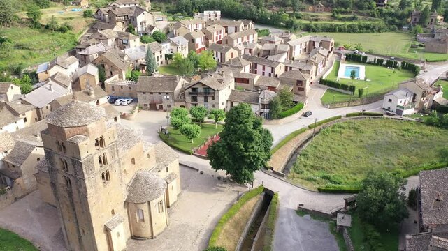 Aerial view of landscape of spanish village of Santa Cruz de la Seros on sunny day. Spain. High quality 4k footage
