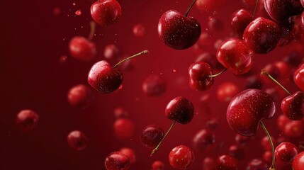 Vibrant image of fresh cherries suspended in mid-air. The scene is bursting with freshness