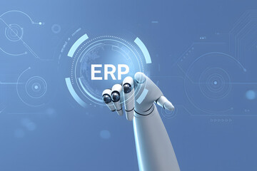 Futuristic robotic hand interacting with virtual ERP interface surrounded by glowing HUD elements on a blue background, symbolizing enterprise automation and digital innovation