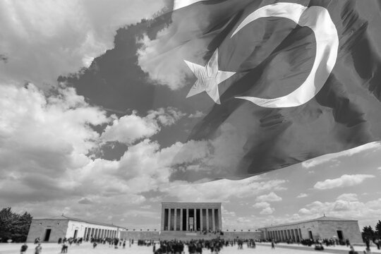 Anitkabir and Turkish flag in black and white photo. 10 kasim or 10th november