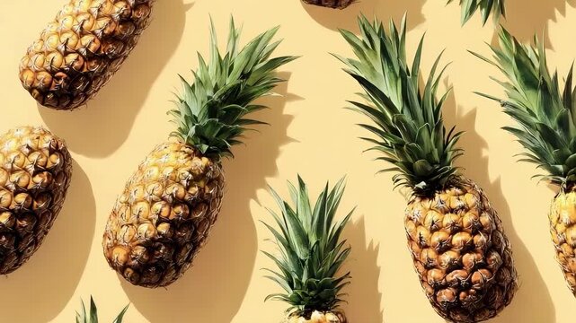 Several pineapples arranged on a bright yellow background.