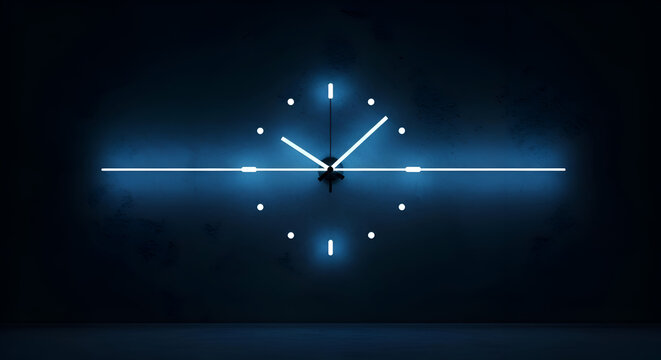 Stunning neon clock illuminates the darkness, a modern symbol of time management and futuristic design perfect for presentations, websites, and branding projects