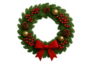 Christmas wreath decorating door, celebrating winter holidays with red bow, pine cones, and golden baubles