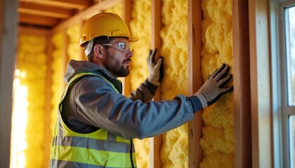 Skilled construction worker installs yellow spray foam insulation in new house wooden wall frame. Man wears hard hat, safety glasses, gloves, working on modern building site. Focuses on sustainable