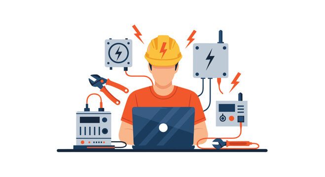 Electrical engineer using laptop for diagnostics and repair, safety helmet and tools for maintenance, professional service, modern design