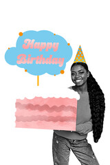 Vertical collage young cheerful woman cake dessert holiday present guest cone headwear happy birthday celebration drawing background