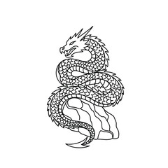 Artistic black and white drawing of a coiled dragon