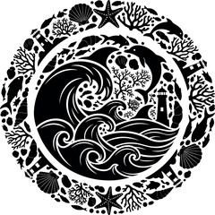 Fototapeta premium Ocean life circle graphic illustration depicting marine animals and coastal elements in black and white