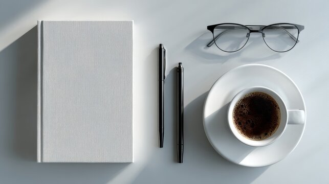 A neat arrangement of a blank book, a pair of glasses, two pens, and a cup of coffee. The scene suggests a place for study or work, with the simplicity lending a sense of focus and calm.