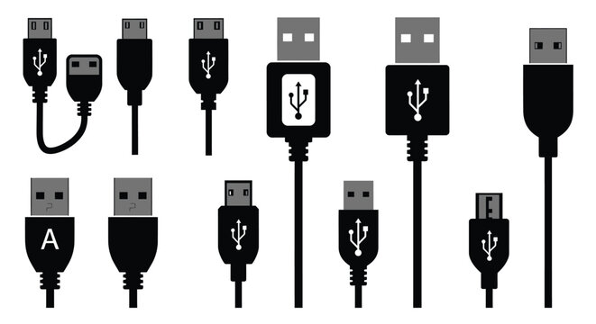 Collection of various usb connector types and cables in black silhouette