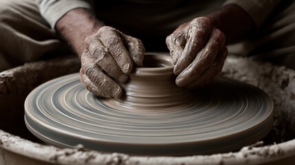 Close-up shot of hands crafting a clay pot on a pottery wheel, a testament to traditional artistry and skill. The hands of artisan shape the clay into a beautiful vessel
