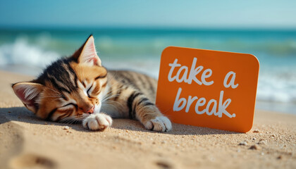 Cute tabby kitten sleeps on beach sand near a sign. Orange sign says take a break. Kitten resting at the ocean. Seaside scene with cat on vacation.