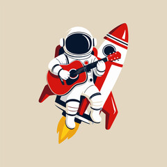 An adorable scene featuring a cheerful astronaut in a vibrant spacesuit, strumming a guitar while perched on the rocket’s nose cone, as friendly alien creatures dance below in the moonlight.