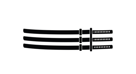 Three traditional japanese katanas displayed horizontally black silhouettes on white